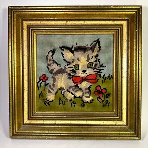 1960s Needlepoint Cat Art – Framed Vintage Kitten – Mid-Century Kitsch  (14x14”)